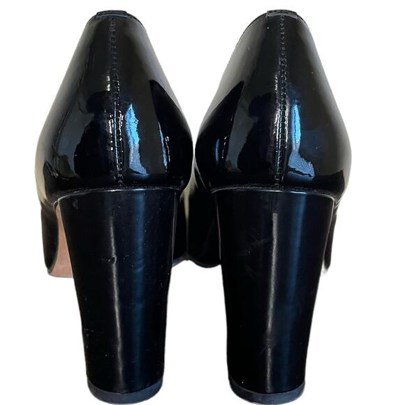 ANN TAYLOR Black Patent Leather Peep Toe Gold Buckle‎ Detail Block Heel Size 8 - Picture 4 of 9